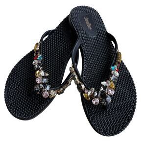 NWOT swalker bejewelled sandals flip flop things black size 10 rhinestones